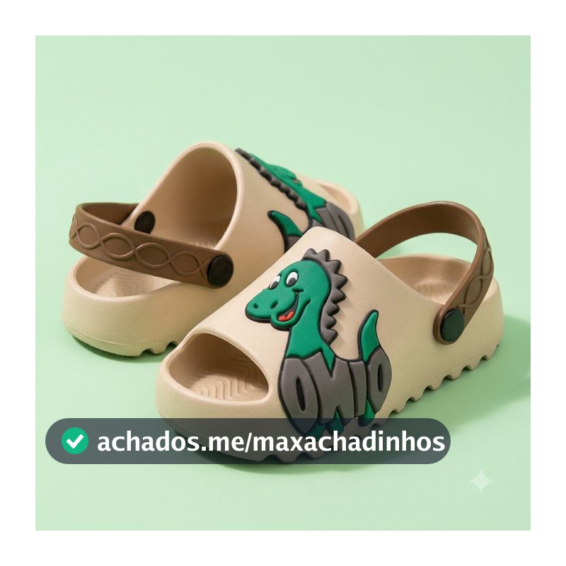Sandália Slide Infantil Menino Dino Dinossauro 3D Bege Baby Papete Elástico Verão
