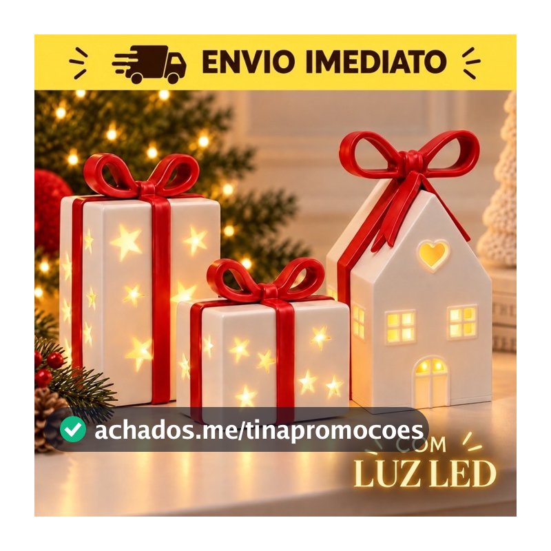Kit Decoração de Natal Iluminada com LED Caixas de Presente e Casinha com Laço Natalino para Mesa e Enfeite de Natal