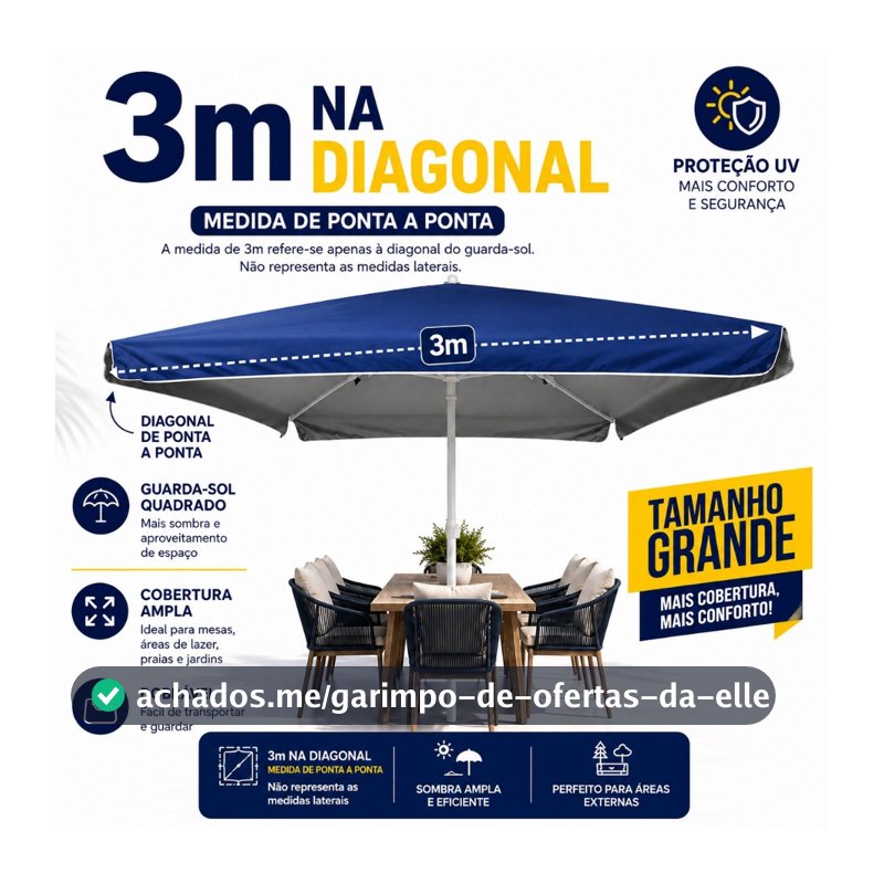 Guarda Sol Quadrado Gigante 3M Aberto Reforçado Contra Uv Para Praia