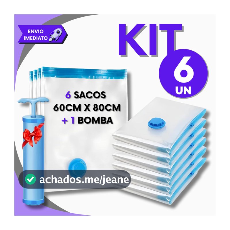 Kit Completo 6 Sacos de Armazenamento a Vácuo 60x80cm + Bomba Manual para Viagem e Casa