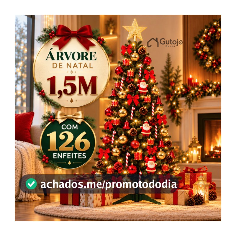 Árvore de Natal 1,50m Completa Decorada com 126 Enfeites Pinheiro Natalino 150cm com Bolinhas Estrela e Pisca Pisca