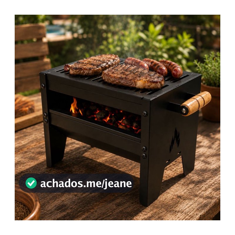 Churrasqueira Portátil Preta Desmontável com Grelha e Pegadores Laterais - Grill Inox Mini  Campeira