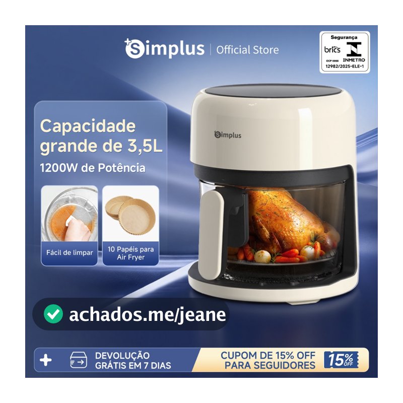 Simplus Air Fryer 10 em 1 3,5L 1200W 127V Sem Óleo Touch Digital, Vidro Fácil de Limpar, Cozimento Saudável, Janela 360°