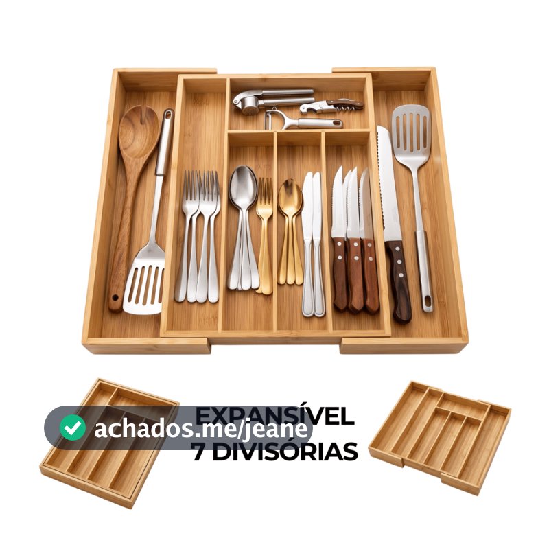Porta Talheres Gaveta Bambu Extensível Ajustável 7 Divisórias Organizador de Talheres Retrátil Cozinha