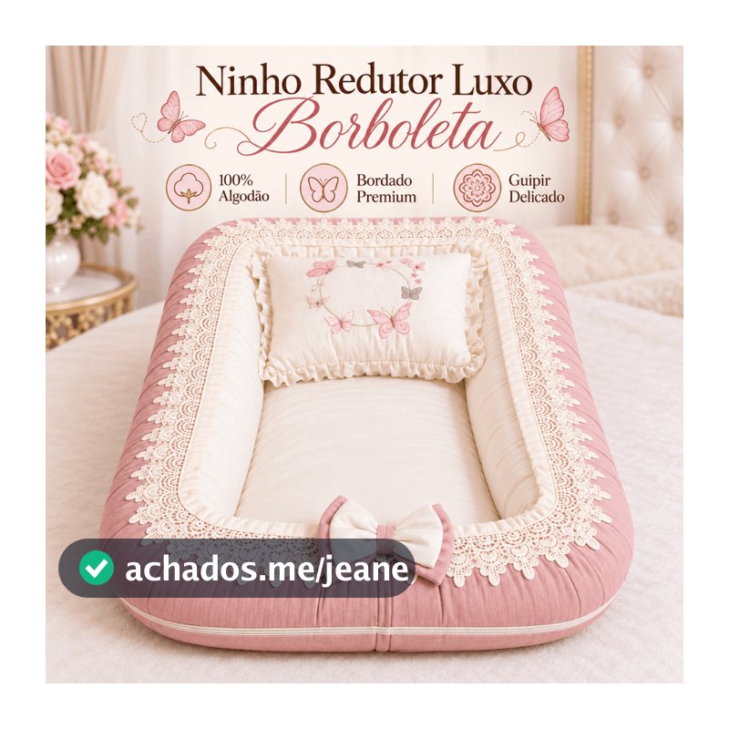 Ninho Redutor Multifunções Berço + Almofada Bordada Borboleta 100% Algodão  Linho Menina
