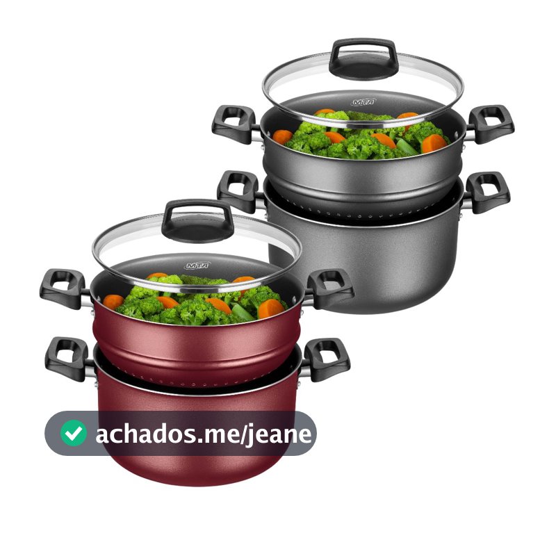 Conjunto Panela Cozimento A Vapor Antiaderente Cuscuzeira Tampa Vidro 3,2L MTA
