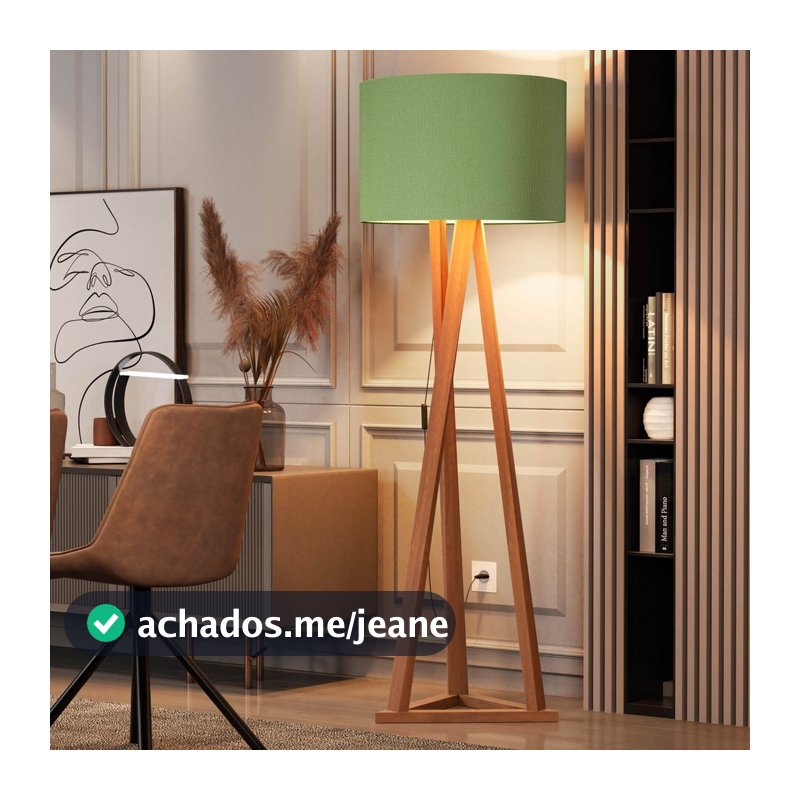 Luminária de Chão Tripé Madeira com Cúpula Verde Moderna para Sala Quarto Escritório Design Elegante