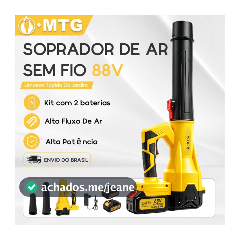 Soprador Elétrico Sem Fio 88V MTG 550W 30000RPM com 2 Baterias e Carregador
