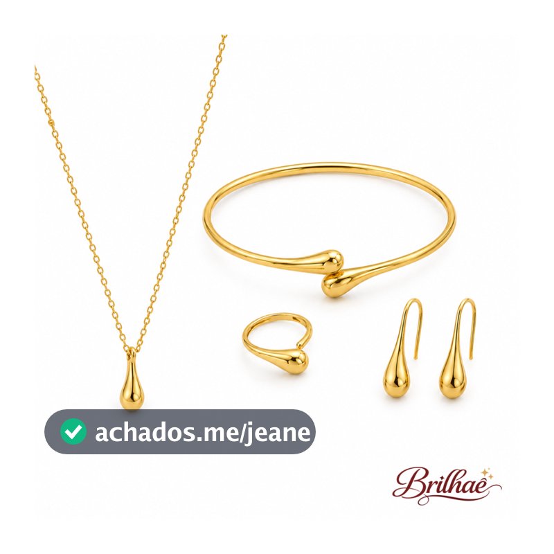 Colar Dourado De Moda + Pulseira + Anel + Brincos