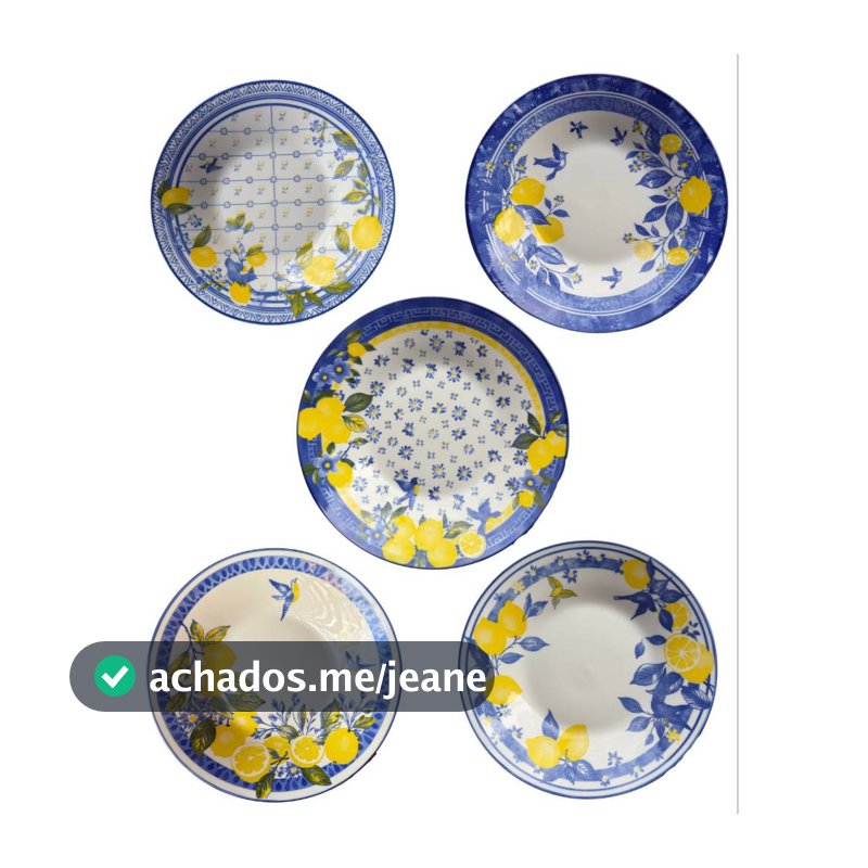 Jogo c/6 Pratos Fundos Limão Siciliano Azul 22,5 cm de porcelana cerâmica elegante