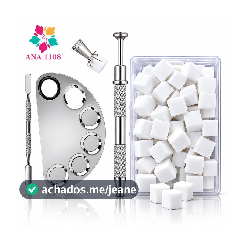 ANA1108 Kit Nail Art Esfumado Unhas em Aplicador 50 Esponjas Paleta Inox com Espátula