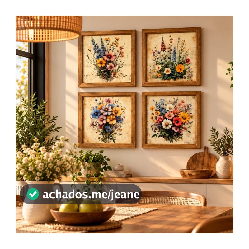 Kit Quadros Decorativos Flores 20x20 Retrô Coloridas Ideal Parede Casa Sala Quarto Hall Vintage MDF
