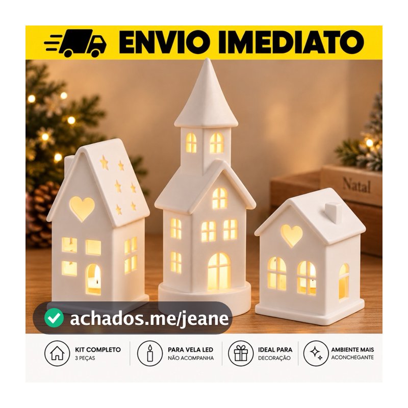 Kit Vila Natalina 3 Peças Casinhas com Janela Coração e Luz LED Decoração de Nata