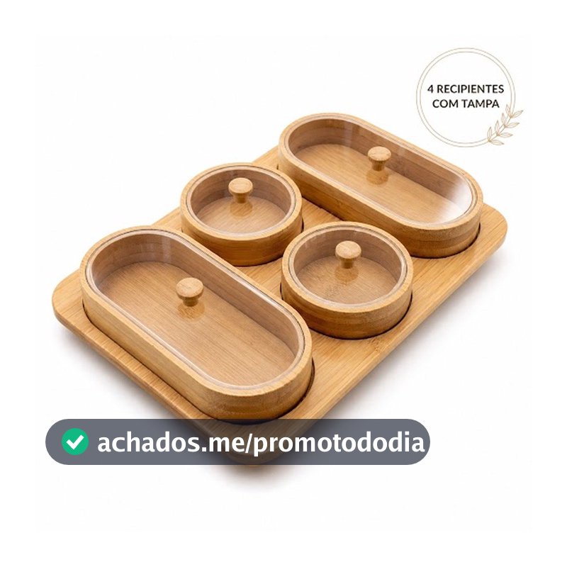 Conjunto Petisqueiras de Bambu Potes com Tampa e Bandeja