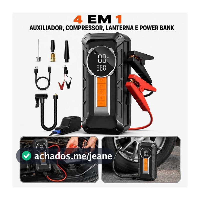 Compressor de Ar Portátil 4 em 1 Sem Fio + Auxiliar de Partida + Power Bank + Lanterna LED Carro Moto
