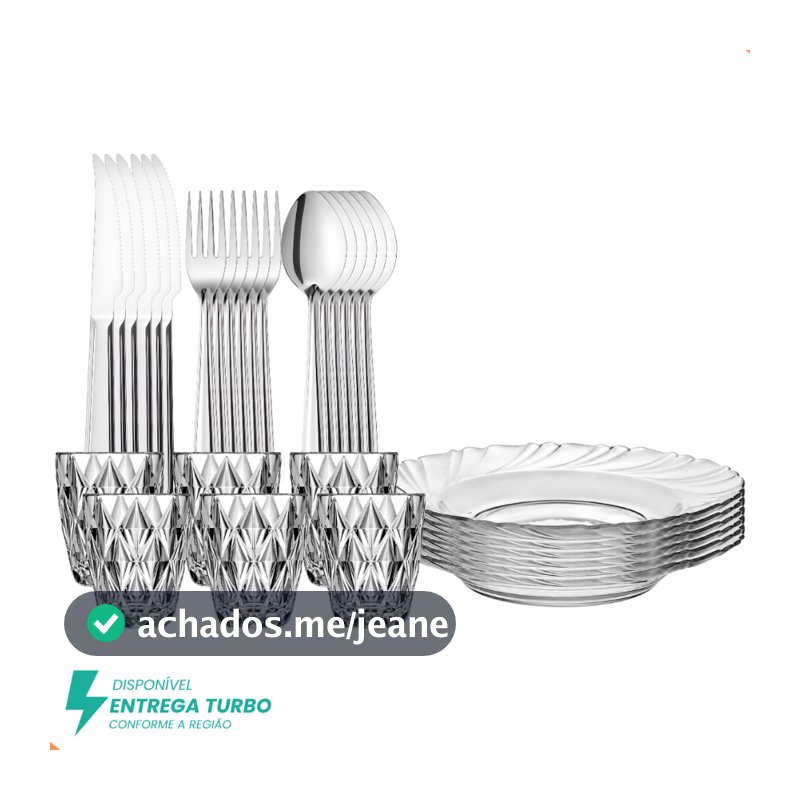 Aparelho de Jantar 30 Peças - 6 Pratos Fundos + 6 Copos 300ml + 18 Talheres Inox