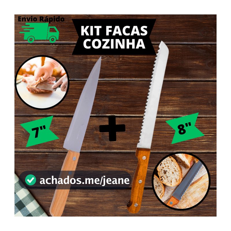 Kit Facas Para Cozinha 7" E Faca Pão 8" Com Serra Cabo de Madeira  E Faca De Cozinha 7'' Aço Inox Do Chef Profissional Para Cortes de Carnes Peixes Alimentos Para Restaurante Churrasco Cozinha Com Cabo De Madeira SQ Faca Pão Em Aço Inox Serra