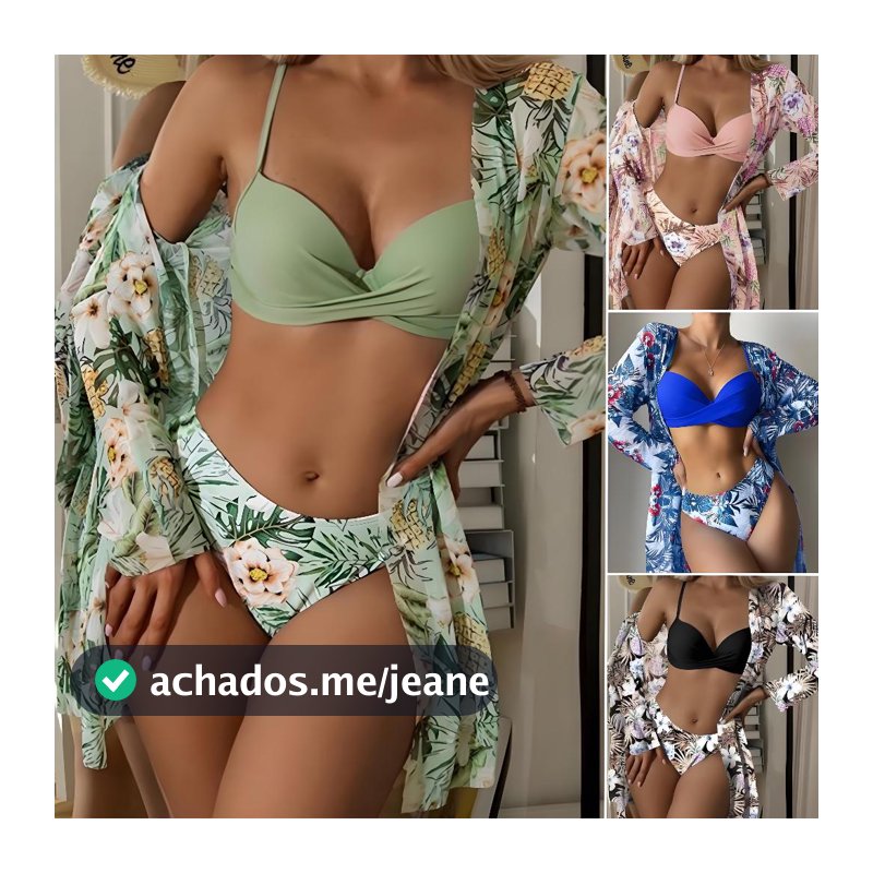 Biquíni Feminino Impresso Maiô de Praia de Manga Comprida Sexy Três Peças Saida de Praia Feminino