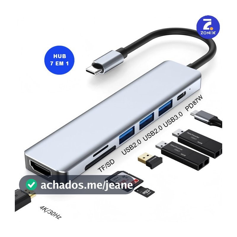 HUB 7 em 1 Tipo C USB HDTV 4K 30Hz Vídeo USB 3.0 USB 2.0 SD TF Cartão Slot Leitor de Dados USB-C Zonix