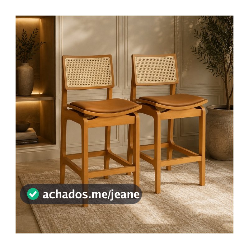 Banqueta Balcão Alta 68cm Madeira Maciça Reforçada Tela em Rattan Couro Caramelo Estofada
