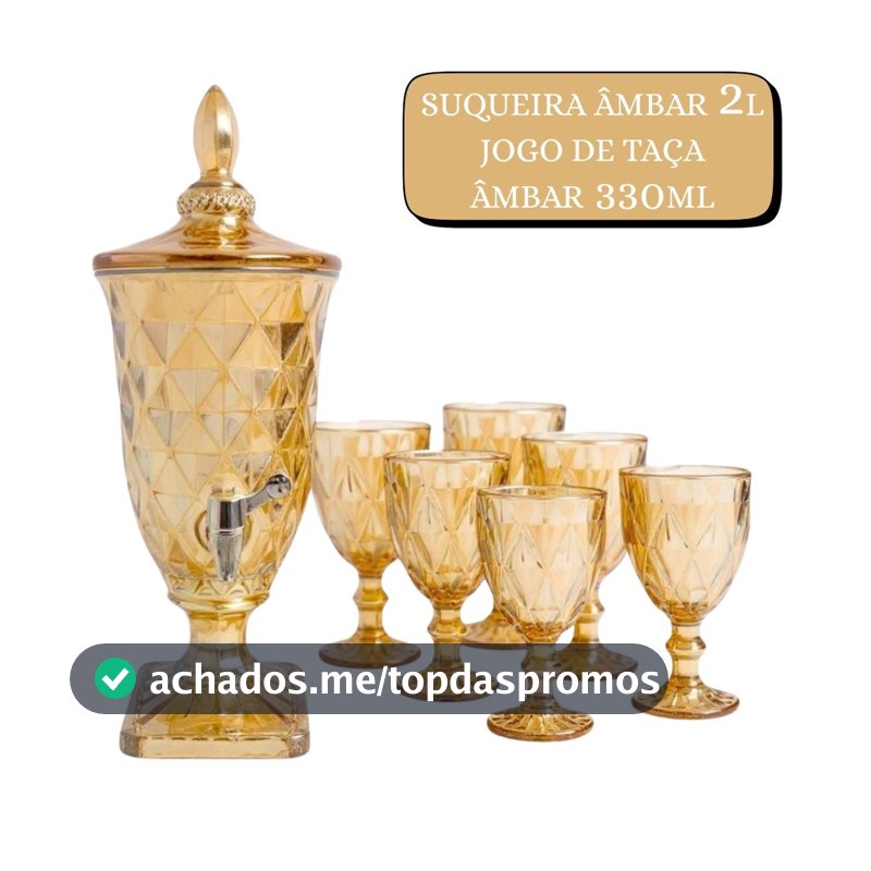 Suqueira de Vidro 2L ou 6 Taças 340ML Âmbar Designer Diamante ou Kit Taça + Suqueira  Premium