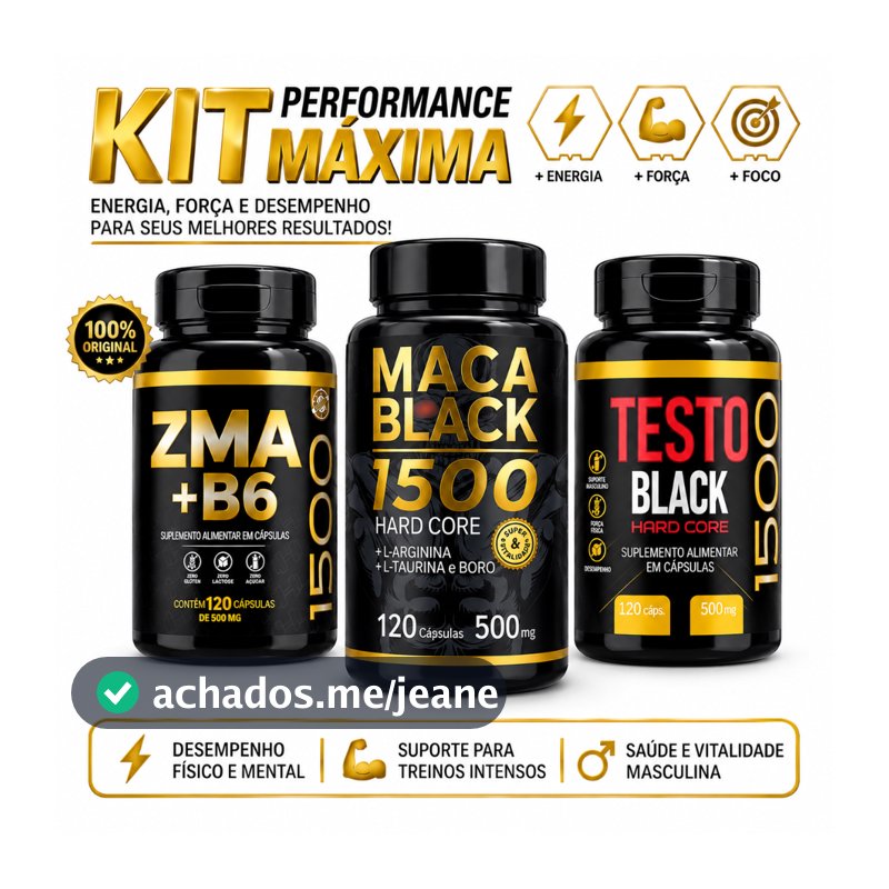 Kit Performance Masculina ZMA + B6 + Testo Hard Core  + Testo Black 1500 | 3 Frascos | 120 Cápsulas Cada