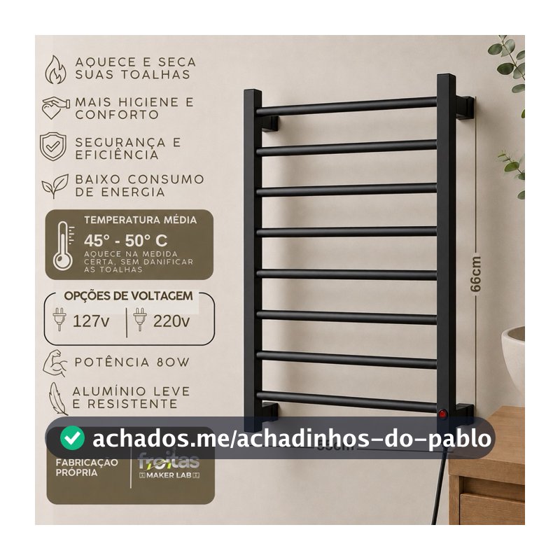 Toalheiro Elétrico Térmico Em Alumínio Aquecido Grande Para Toalhas, Preto, Branco e Prata