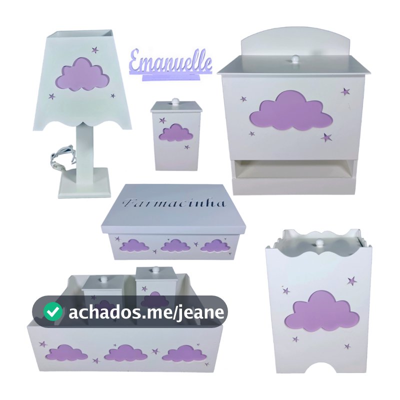 kit higiene bebe mdf decoração de quarto infantil menina feminino com nome NUVEM LILAS