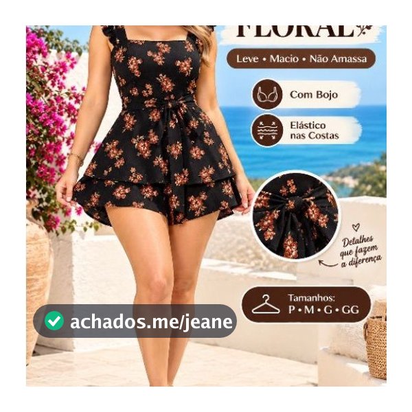 Macaquinho Feminino Floral Rosa com Babados e Amarração na Cintura – Vestido Curto Verão – Tamanhos P, M, G e GG