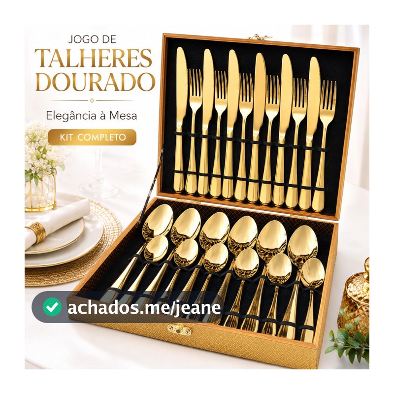 Kit Faqueiro Maleta De Talheres Inox 24 Peças Com Dourado Chique