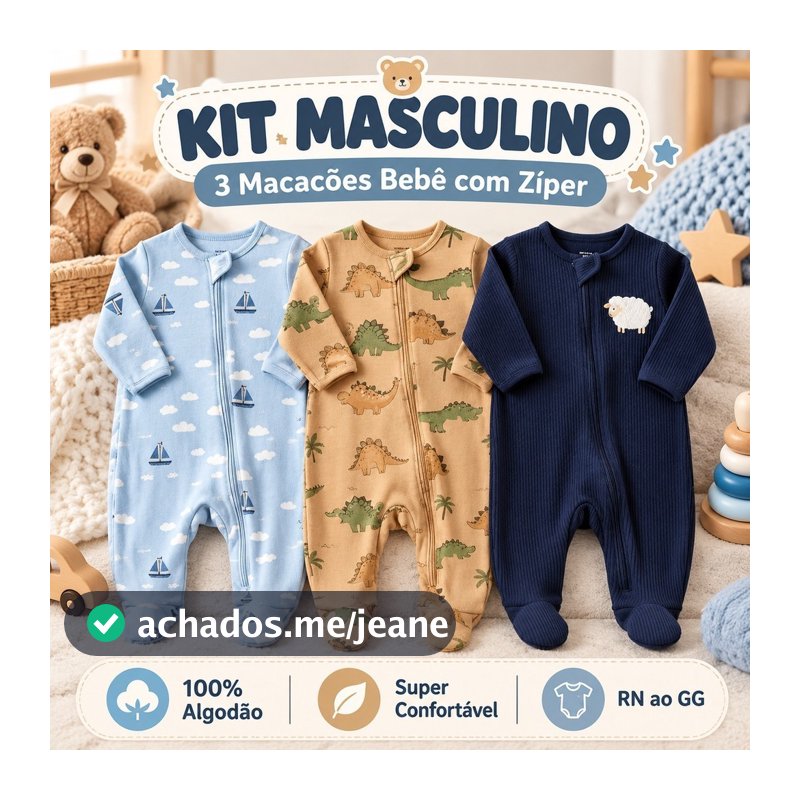 Kit 3 Macacão Inverno Para Bebê Masculino Menino Quentinho dia a dia Confortável