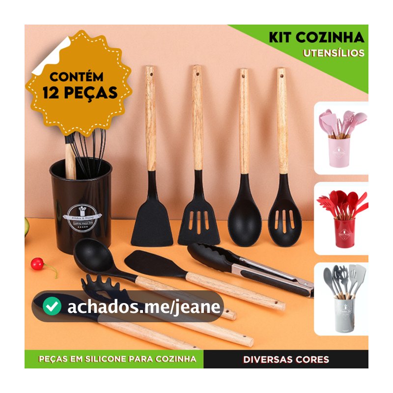 Kit de Utensílios Design Moderno em Silicone Resistentes ao Calor com Cabo de Madeira | Av