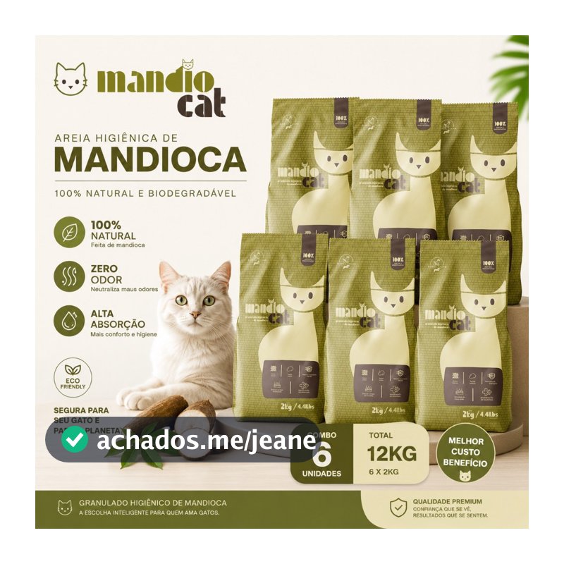Areia Gato 100% Mandioca - Mandio Cat | Zero Odor, Alta Absorção e Torrões Firmes 12kg