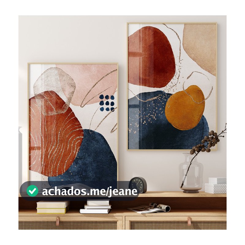 Quadro Decorativo Sala Com Moldura Quadro Abstrato Para Sala Azul Terracota Boho Kit 2 Quadros