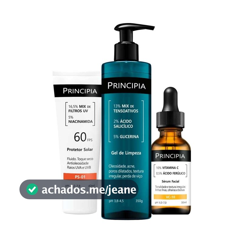 Principia Kit Trio Clássico c/ Gel de Limpeza GL-01 + Vitamina VC-10 + Protetor Solar Facial PS-01 FPS 60