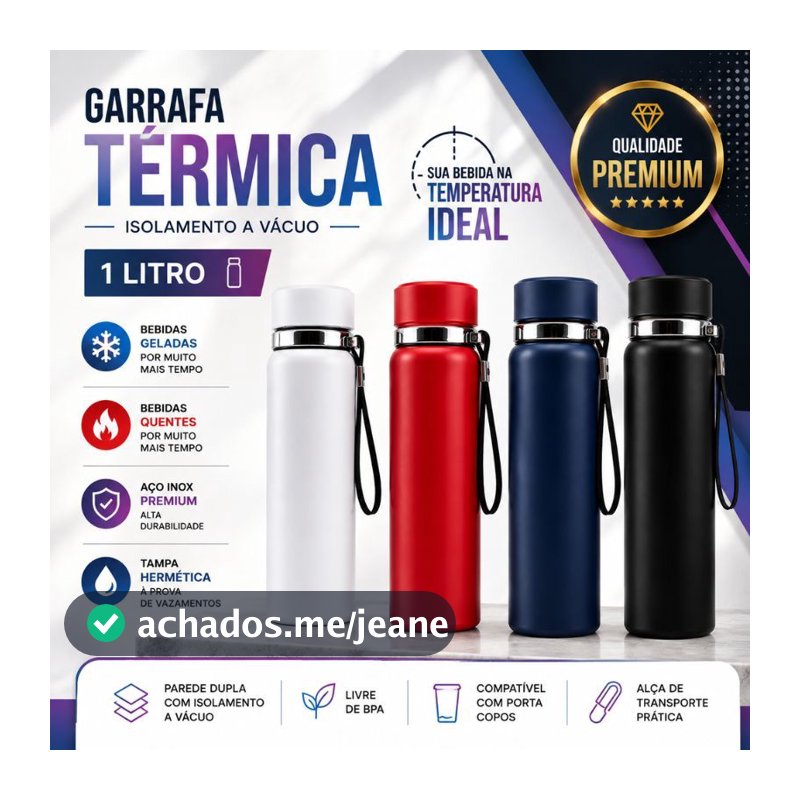 Garrafa Térmica 1000ml Antivazamento Inox SUS 316 com Alça 1 Litro Parede Dupla Quente Frio