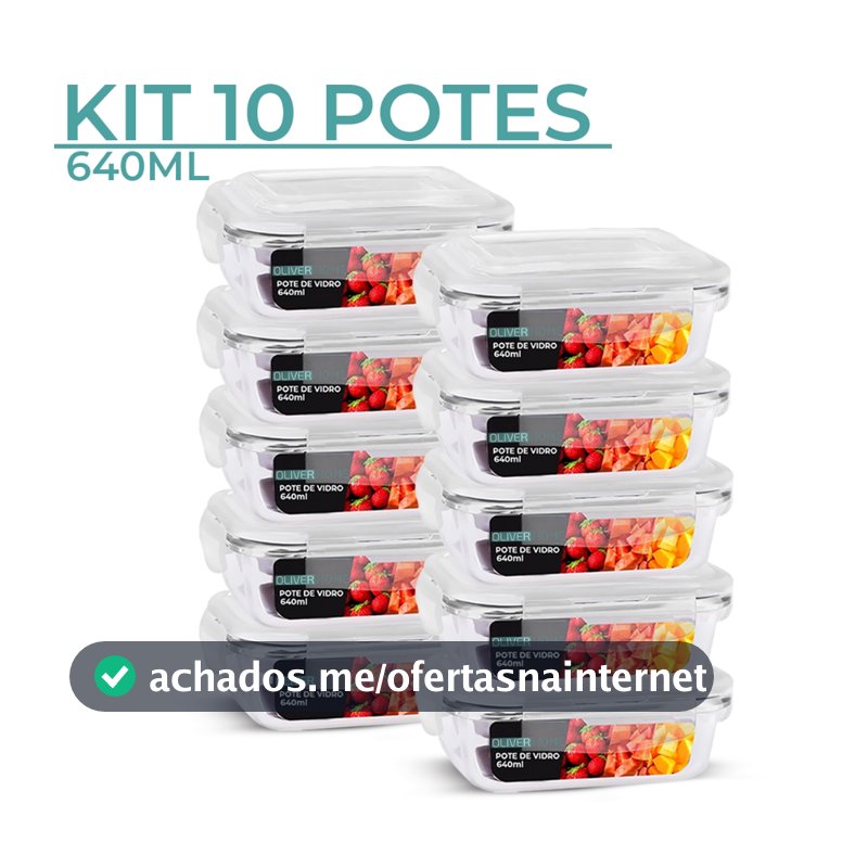 Kit 5/ kit 10 Potes de Vidro 640ml Hermético Marmita Fit com Tampa 4 Travas Oliver Home