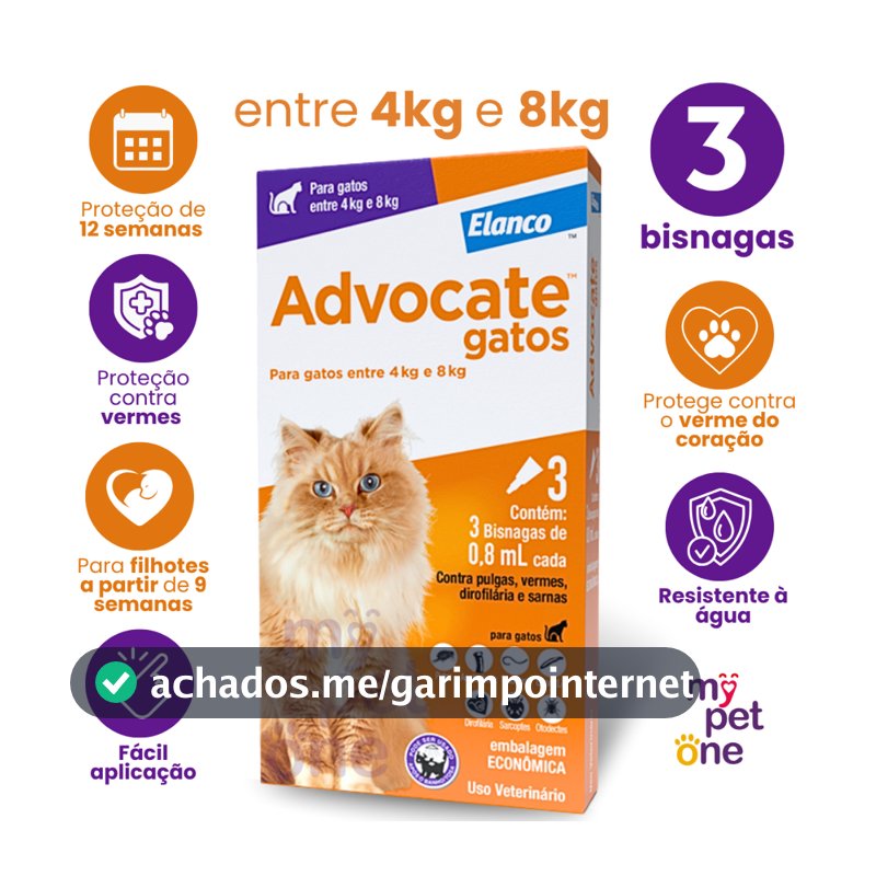 Advocate Elanco 0,8 mL para Gatos de 4 a 8 Kg - 3 Bisnagas