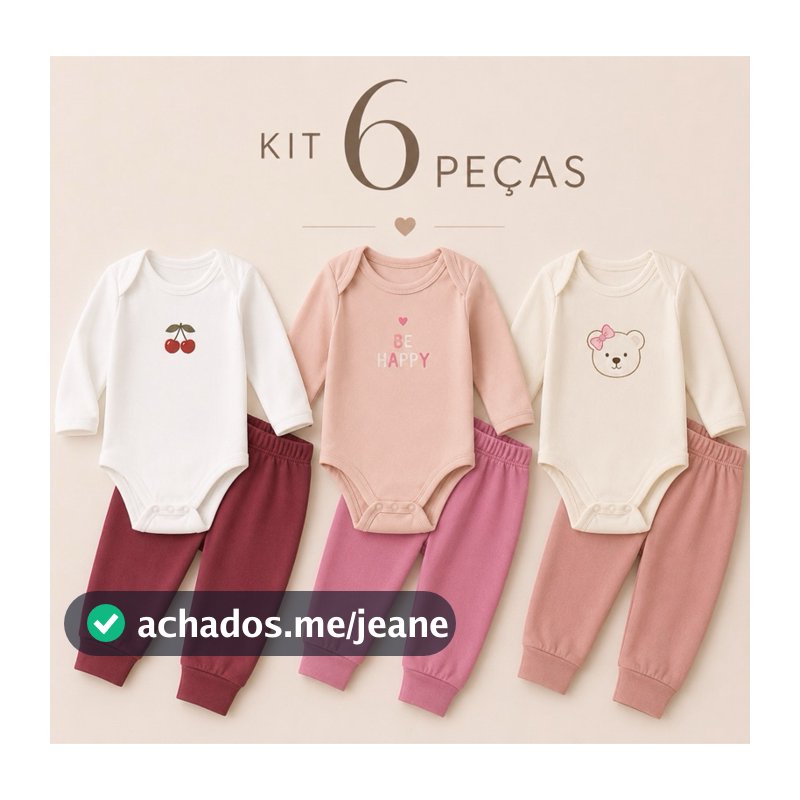 Kit Minimalista 6 Peças Body Bebê Menina Manga Longa e Calça RN ao GG