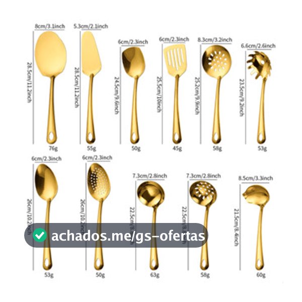 Kit 11 Peças Utensílios de Cozinha Dourado - Espátula Colher Concha Escumadeira Pegador de Pizza