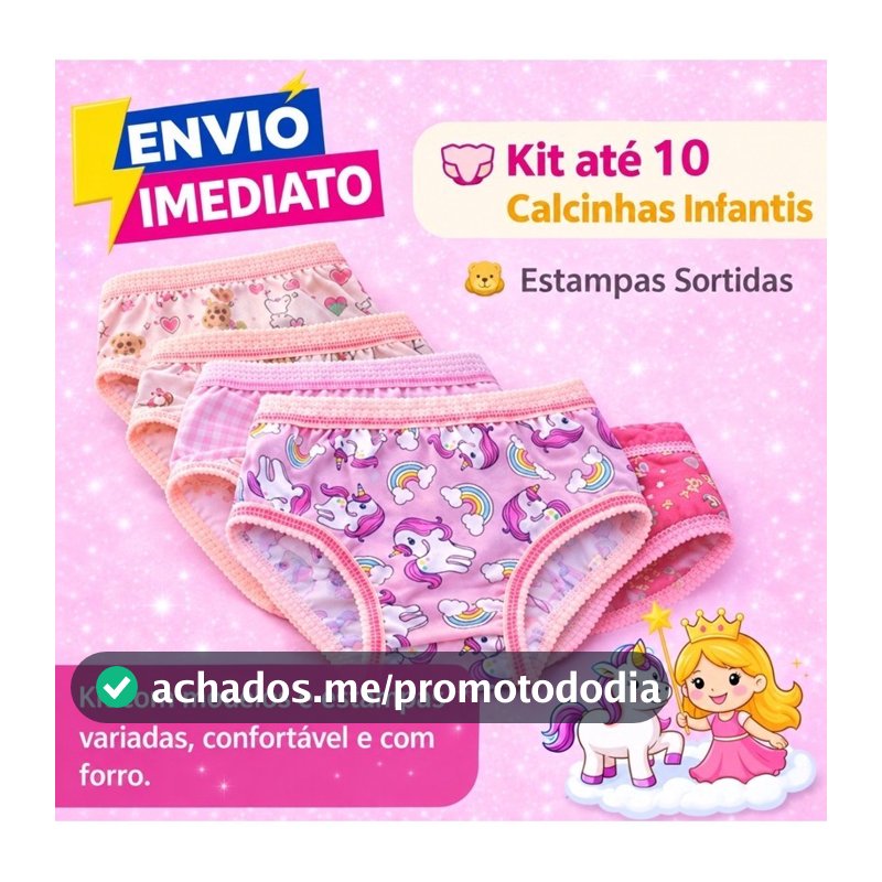 Kit Até 10 Unidades de Calcinha Infantil Menina 1 a 7 Anos Estampas Variadas