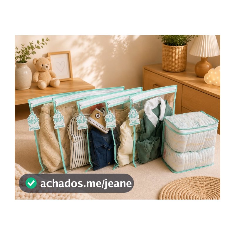 Kit Organizador Maternidade 5 Saquinhos Bebê Mala Bolsa Com 5 Tags Bordadas 1 Porta Fralda Luxo