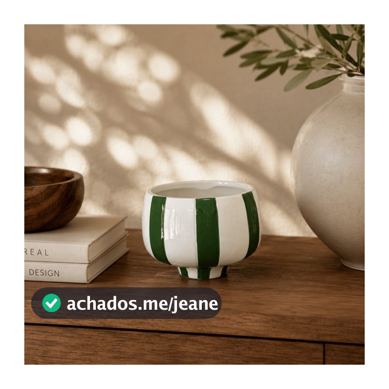 Vaso de Cerâmica Decorativo Cachepot Bowl Baixo Listrado Verde Escuro e Branco 15X15X11CM