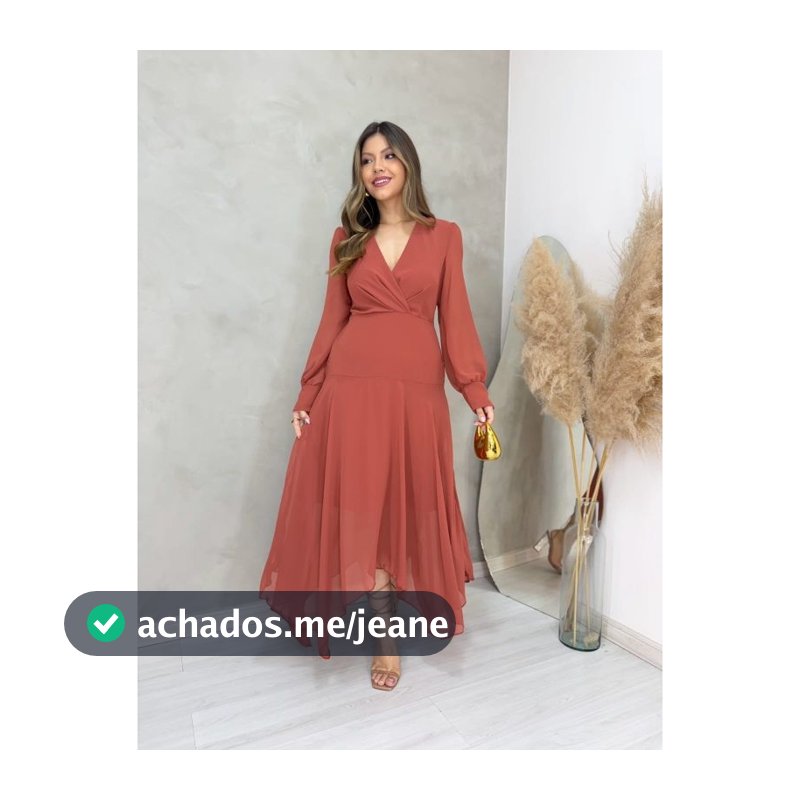 Vestido Larissa, tecido chiffon, modelo midi, mangas longa, forrado (moda feminina/moda modesta)