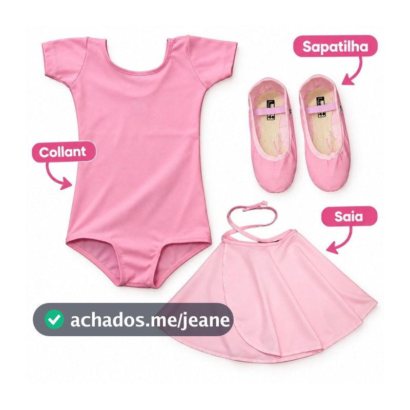Kit Roupa De Ballet Infantil 3 Itens Collant Meia Manga, Saia de Transpassar Ballet e Sapatilha - Rosa
