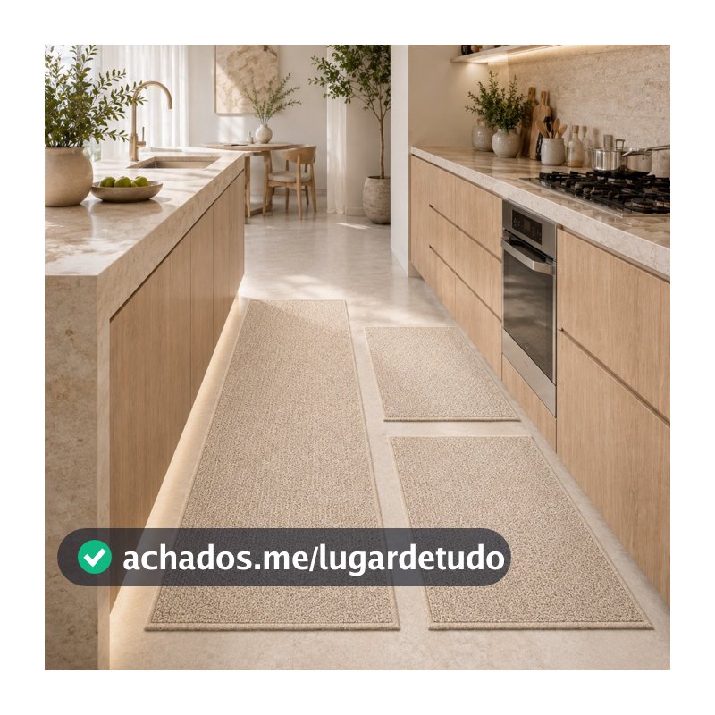 Kit Jogo de Tapete Passadeira Para cozinha Antiderrapante 3 Pçs 1 Passadeira e 2 Tapetes