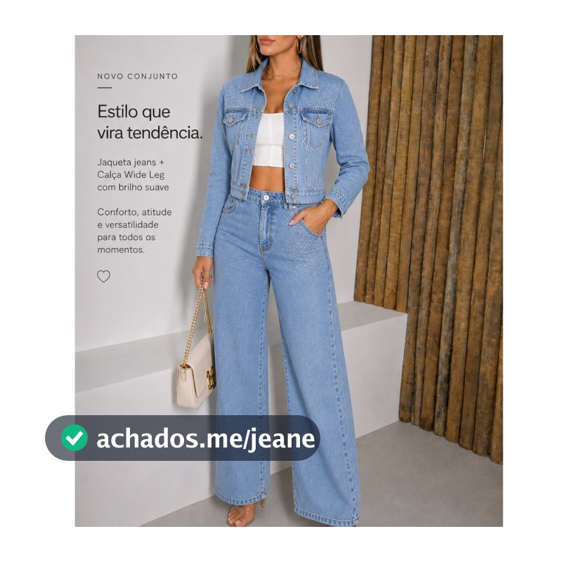 Conjunto Jeans Feminino Wide Leg com Jaqueta e Strass | Look Premium Fashion