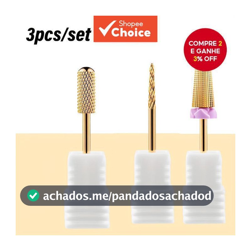 3 peças de brocas de carboneto de tungstênio para unhas, fresa para remoção de esmalte e gel UV, ponta cônica de