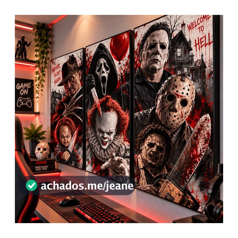 Quadro Filmes de Terror 3 Peças Halloween Personagens Clássicos do Horror Decoração Quarto Gamer