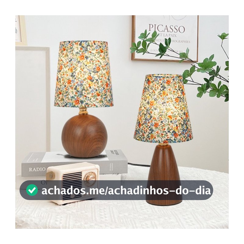 Abajur Luminária De Mesa Nogueira Floral Estilo Madeira Cabeceira Quarto Sala Estudo Leitura